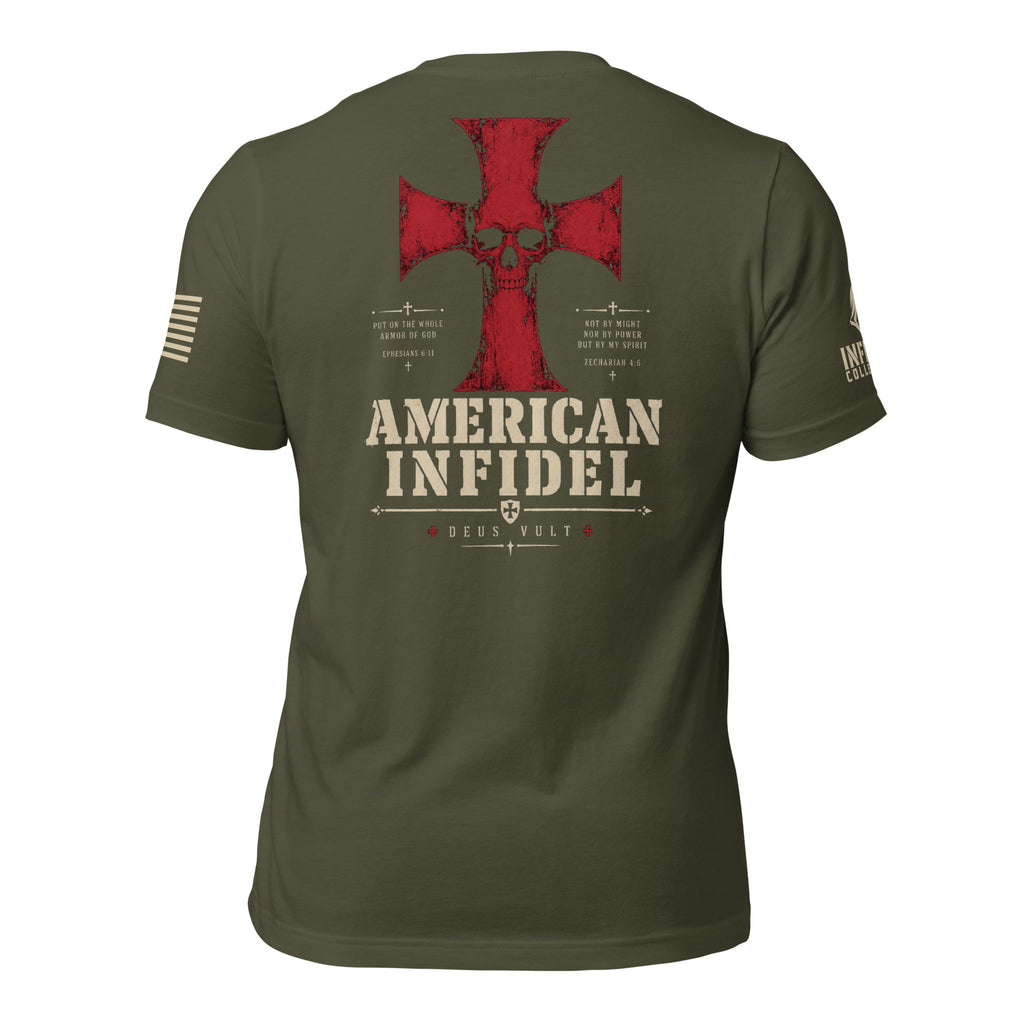 Heavyweight Deus Vult American Infidel military green tee, back view