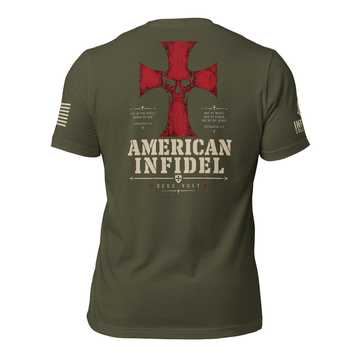 Heavyweight Deus Vult American Infidel military green tee, back view