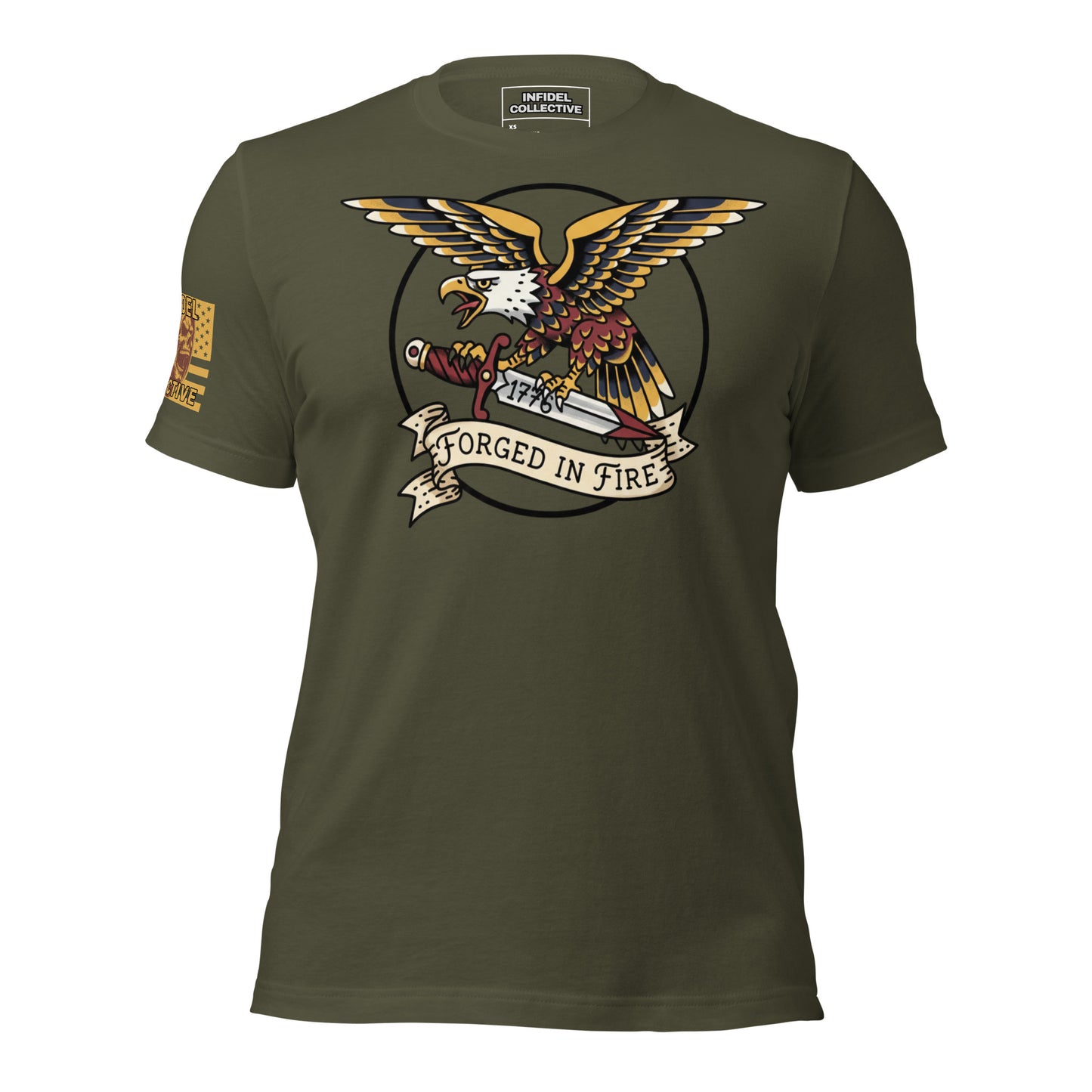 Green t-shirt with eagle graphic and 'Forged in Fire' text on a white background