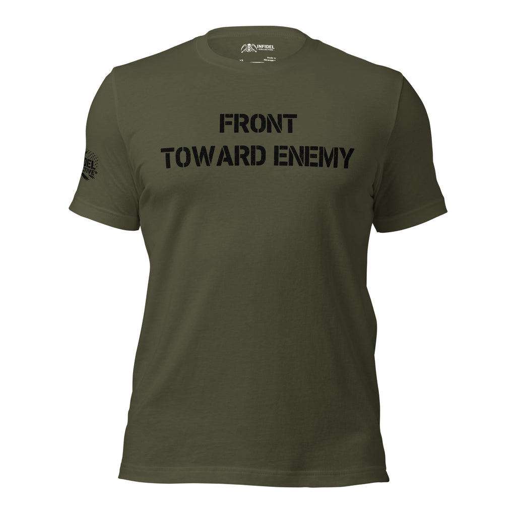 Front view of olive tee with front chest graphic
