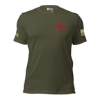 Heavyweight Deus Vult American Infidel military green tee, front view