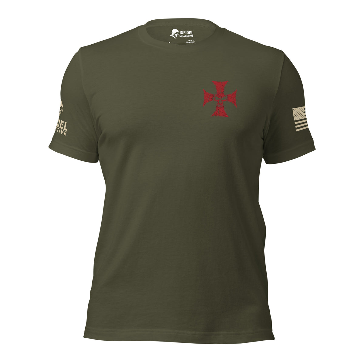 Heavyweight Deus Vult American Infidel military green tee, front view
