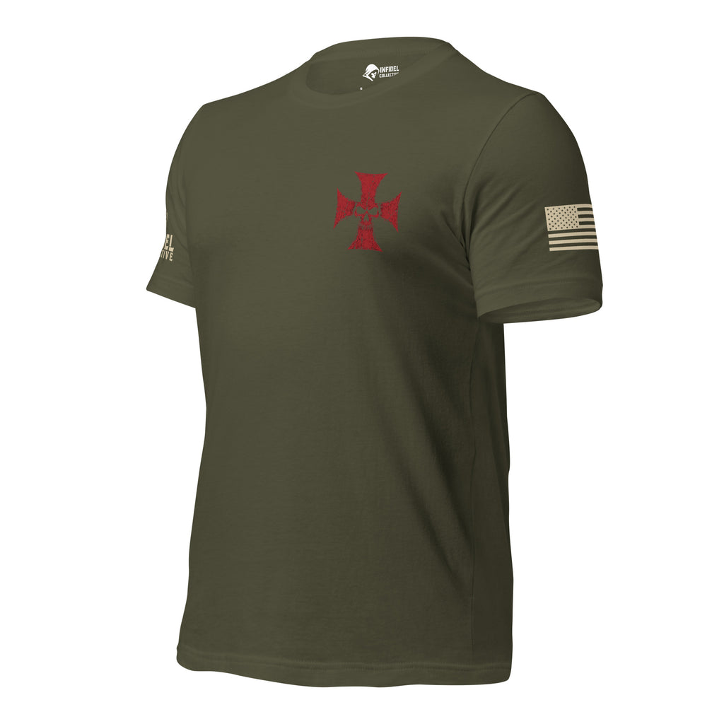 Heavyweight Deus Vult American Infidel military green tee, left-side view with American flag sleeve hit