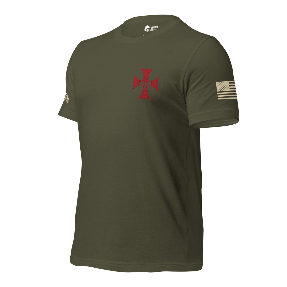 Heavyweight Deus Vult American Infidel military green tee, left-side view with American flag sleeve hit