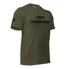 Right-front view of olive tee with Infidel Collective sleeve mark
