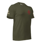 Heavyweight Deus Vult American Infidel military green tee, right-side view with Infidel Collective sleeve mark