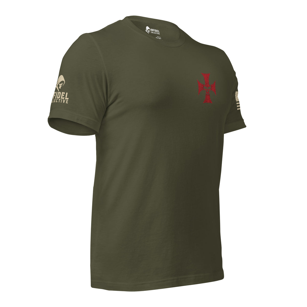 Heavyweight Deus Vult American Infidel military green tee, right-side view with Infidel Collective sleeve mark