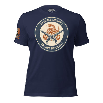 Navy blue ghosted t-shirt mockup with Gadsden snake and old school pistol graphic and text "Give Me Liberty or Give Me Death" across a circular badge design, a white background.