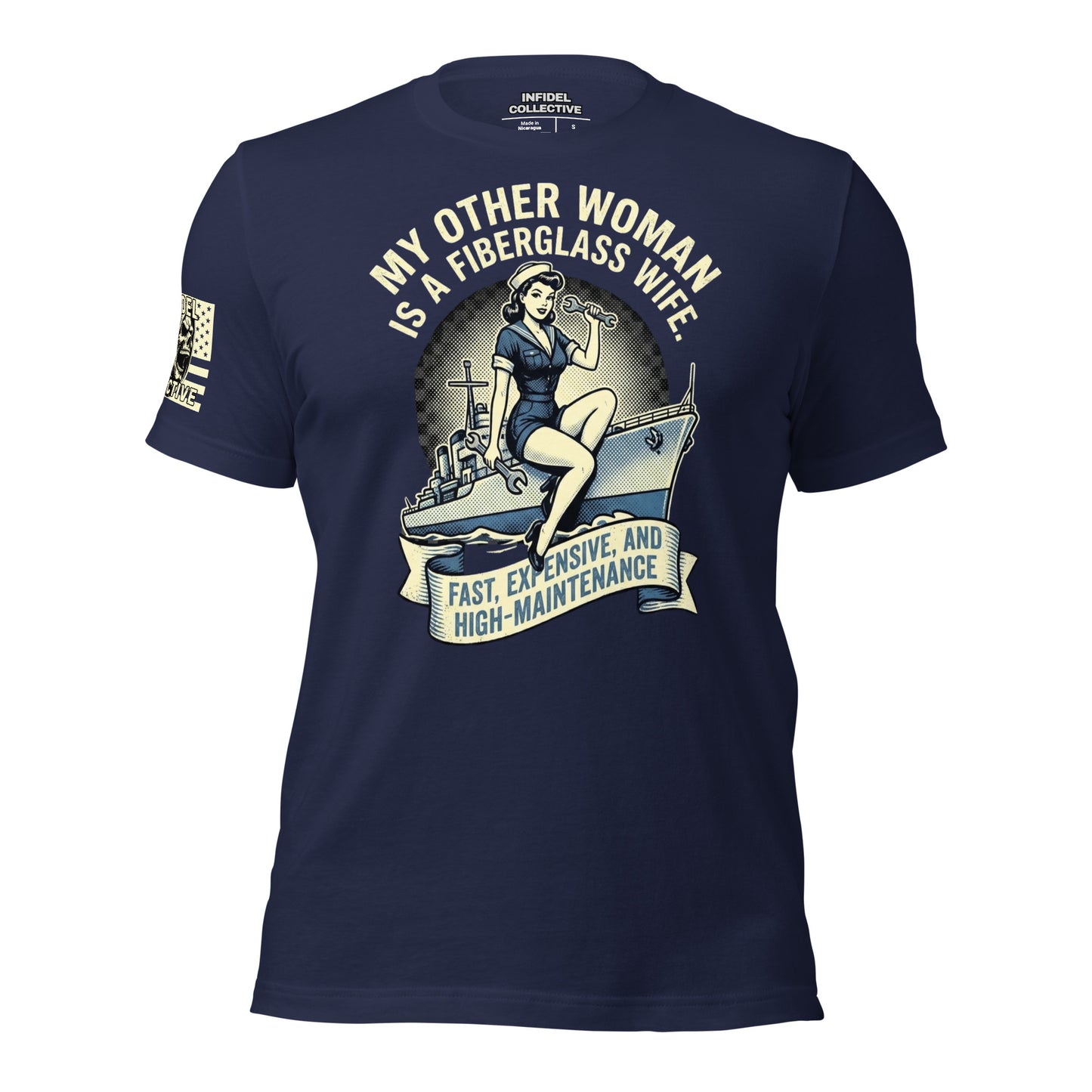 Ghosted mockup of funny US Navy pun on Navy blue t-shirt with graphic design referencing a Navy Destroyer and high cost of maintenance, against a white background. 