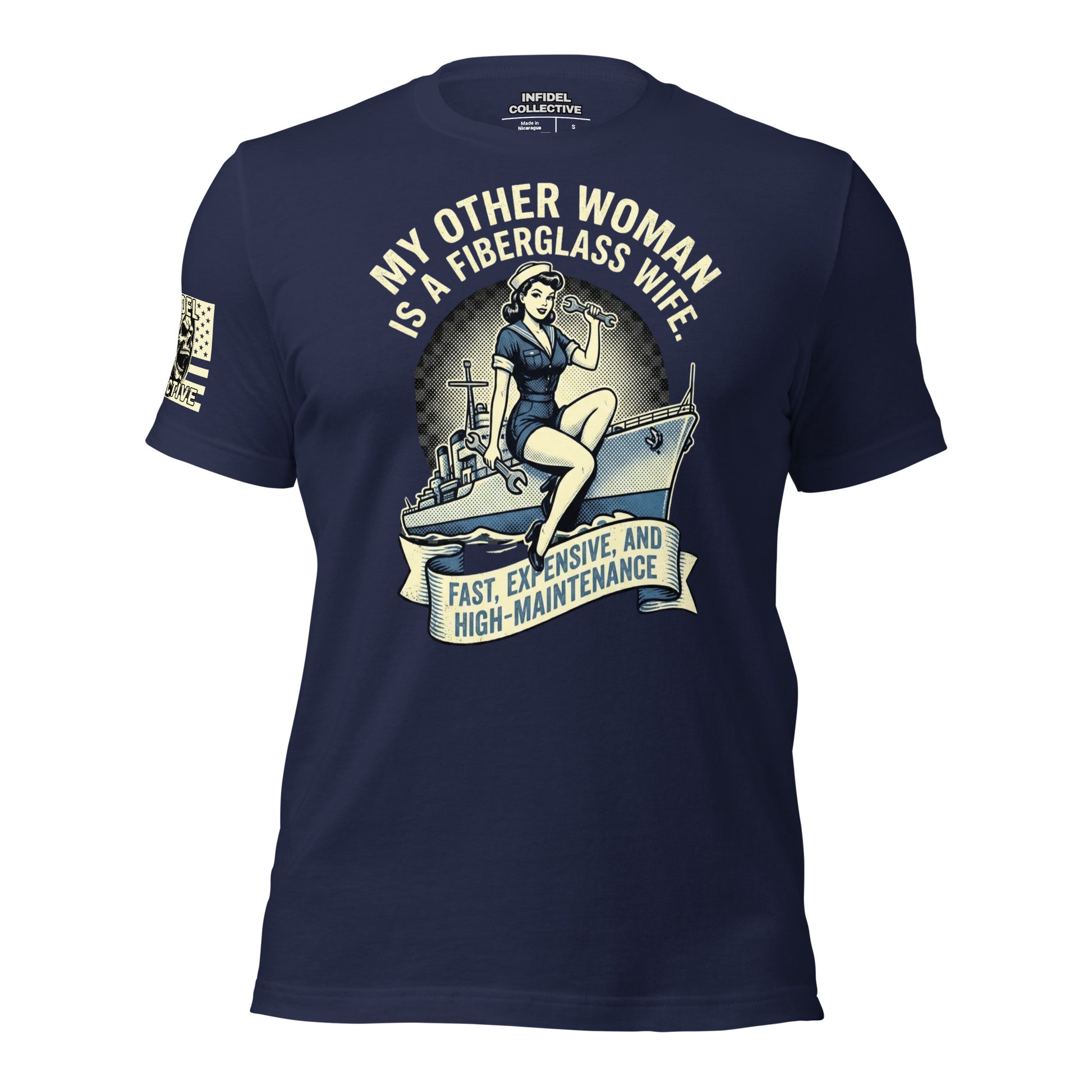 Ghosted mockup of funny US Navy pun on Navy blue t-shirt with graphic design referencing a Navy Destroyer and high cost of maintenance, against a white background. 