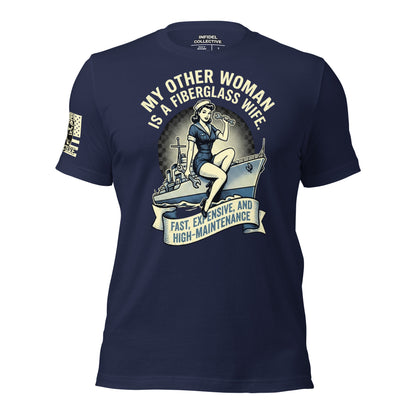 Ghosted mockup of funny US Navy pun on Navy blue t-shirt with graphic design referencing a Navy Destroyer and high cost of maintenance, against a white background. 