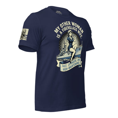 Ghosted mockup of funny US Navy pun on Navy blue t-shirt with graphic design referencing a Navy Destroyer and high cost of maintenance, against a white background - side view.