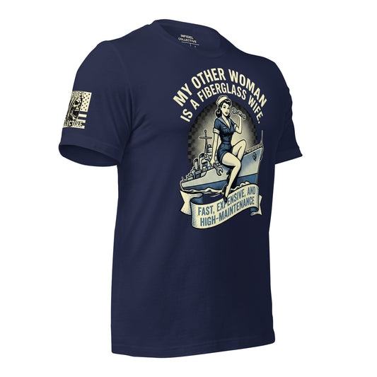 Ghosted mockup of funny US Navy pun on Navy blue t-shirt with graphic design referencing a Navy Destroyer and high cost of maintenance, against a white background - side view.