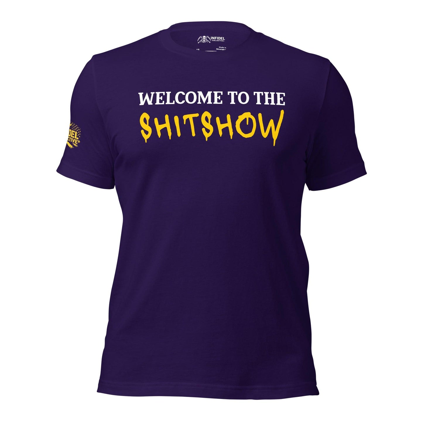 Purple t-shirt with 'Welcome to the Shitshow' text in white and yellow on a white background