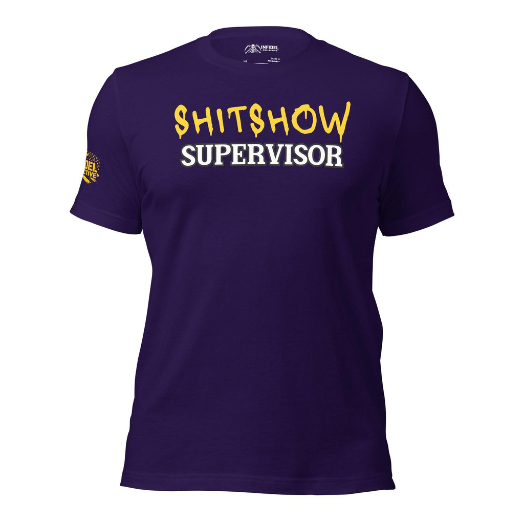 "Shitshow Supervisor" Yellow on Purple t-shirt by Infidel Collective.
