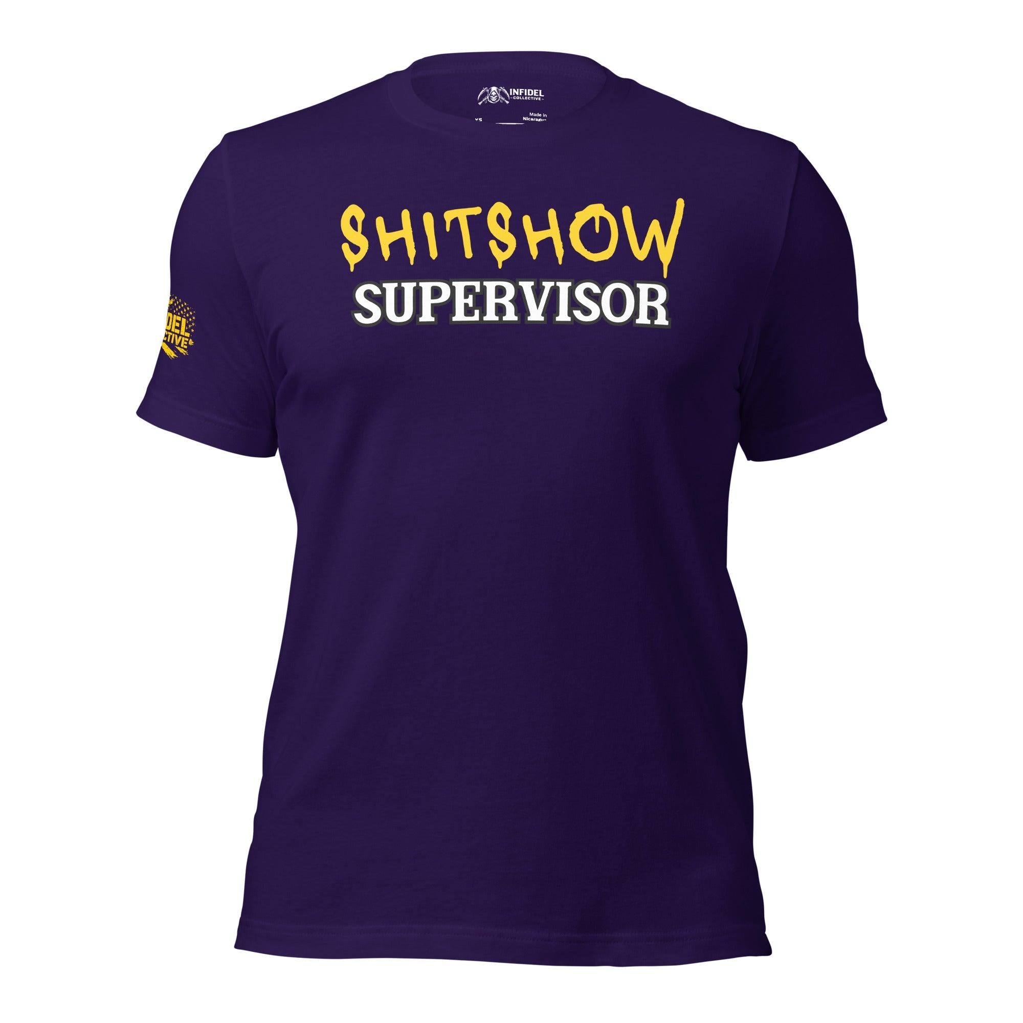 "Shitshow Supervisor" Yellow on Purple t-shirt by Infidel Collective.