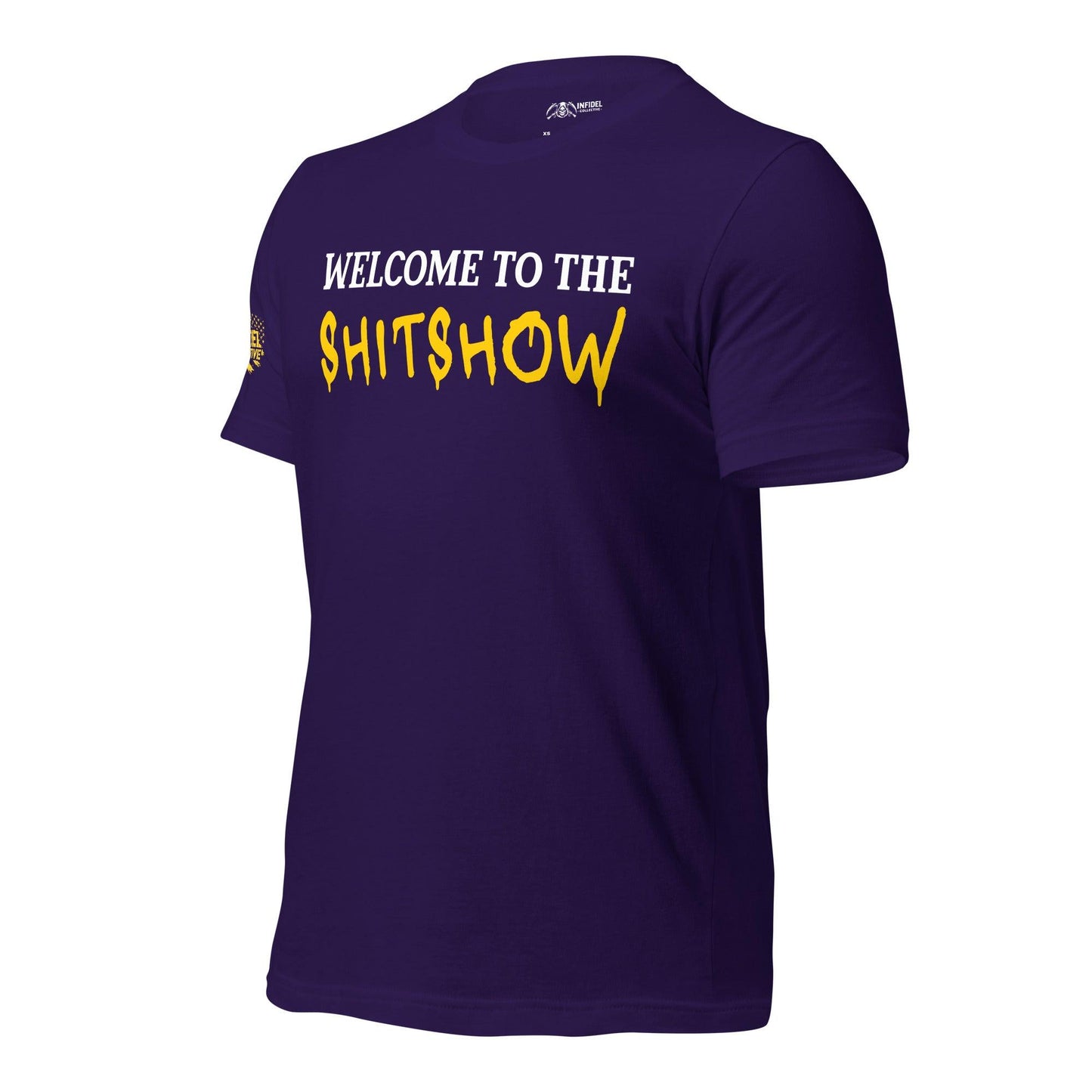 Purple t-shirt with text 'WELCOME TO THE SHITSHOW' on a white background