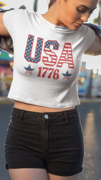 Crop Top  Patriotic Crop Top – USA 1776 Fourth of July White Shirt for Women Infidel Collective
