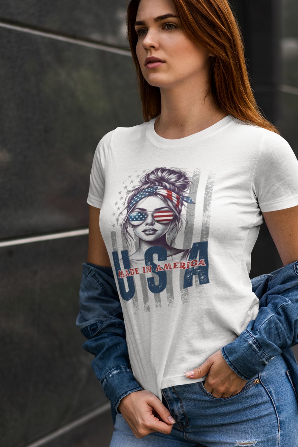 T-Shirt  Fourth of July T-Shirt: Patriotic Babe USA Flag Graphic Tee in White Infidel Collective