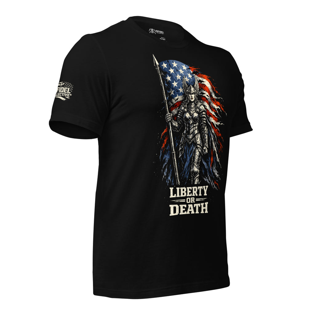 Black front print t-shirt featuring armored female warrior with spear standing before an American flag and Liberty or Death text