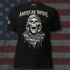 Black American Infidel tee with front print featuring hooded reaper skull wrapped in distressed American flag graphic