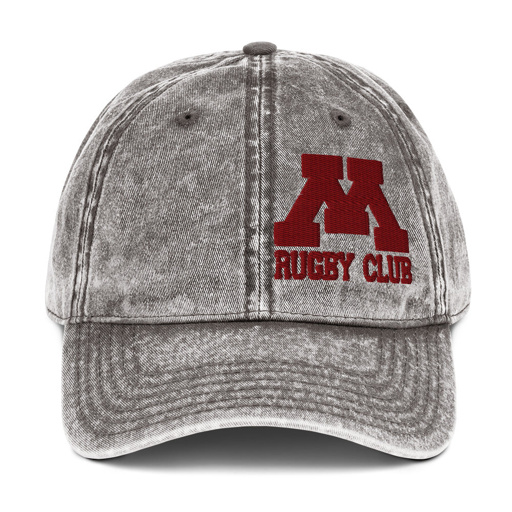 M Rugby Club charcoal gray vintage cap, front view.