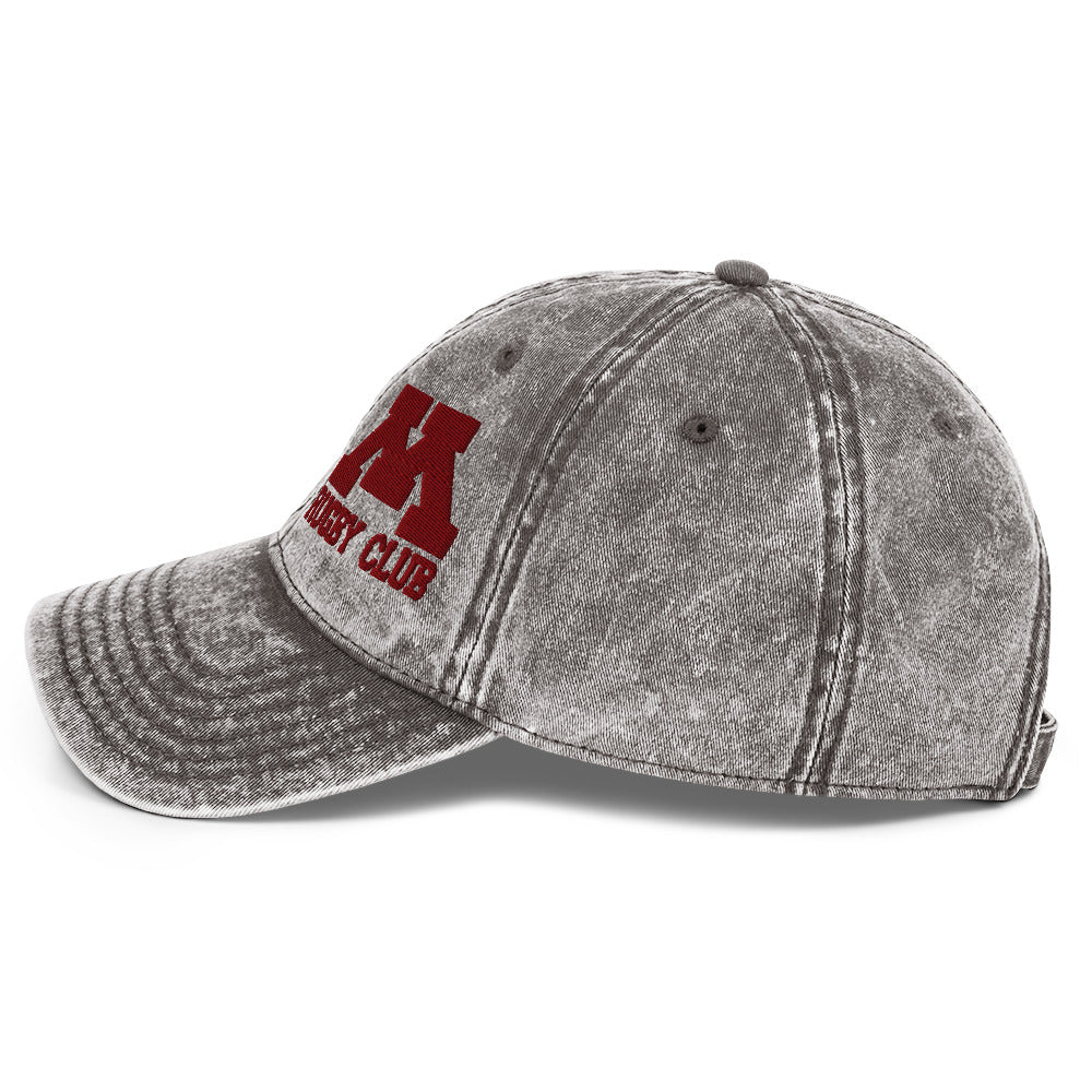 M Rugby Club charcoal gray vintage cap, left-side view.