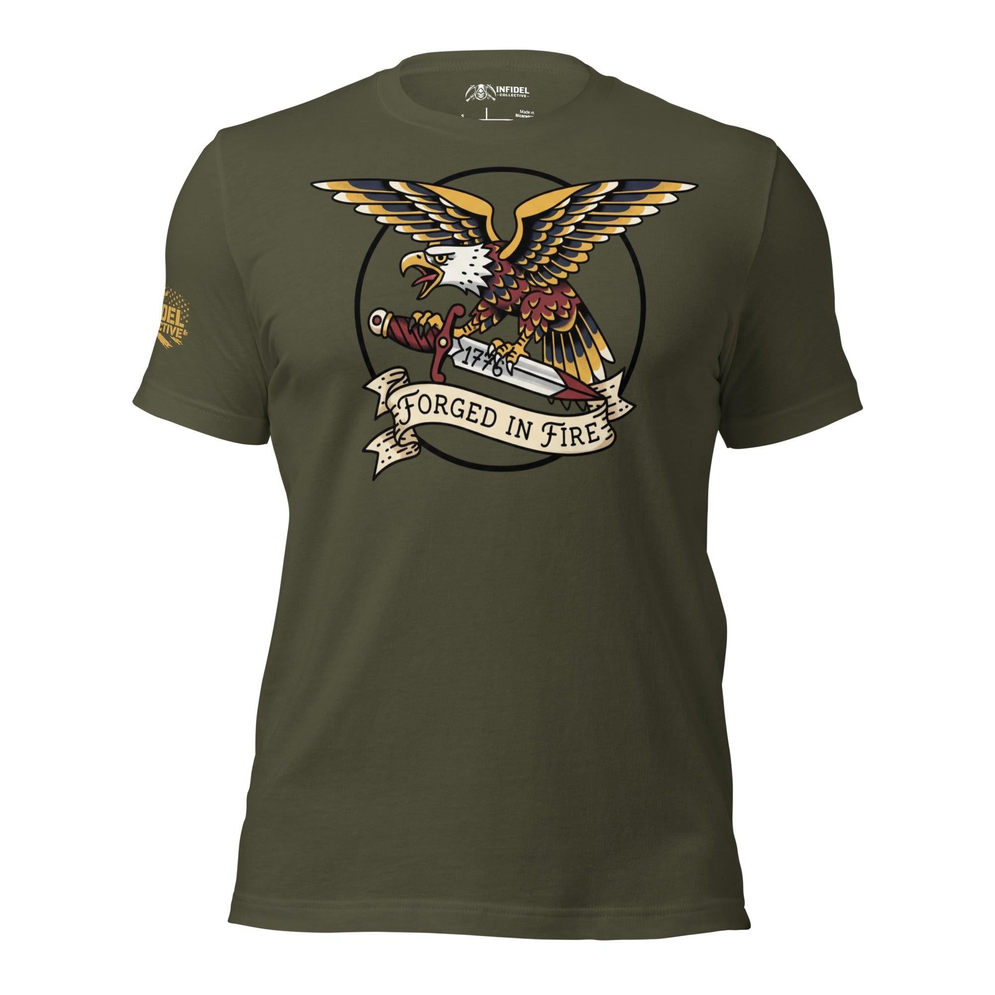 Vintage Forged in Fire eagle graphic green tee from Infidel Collective