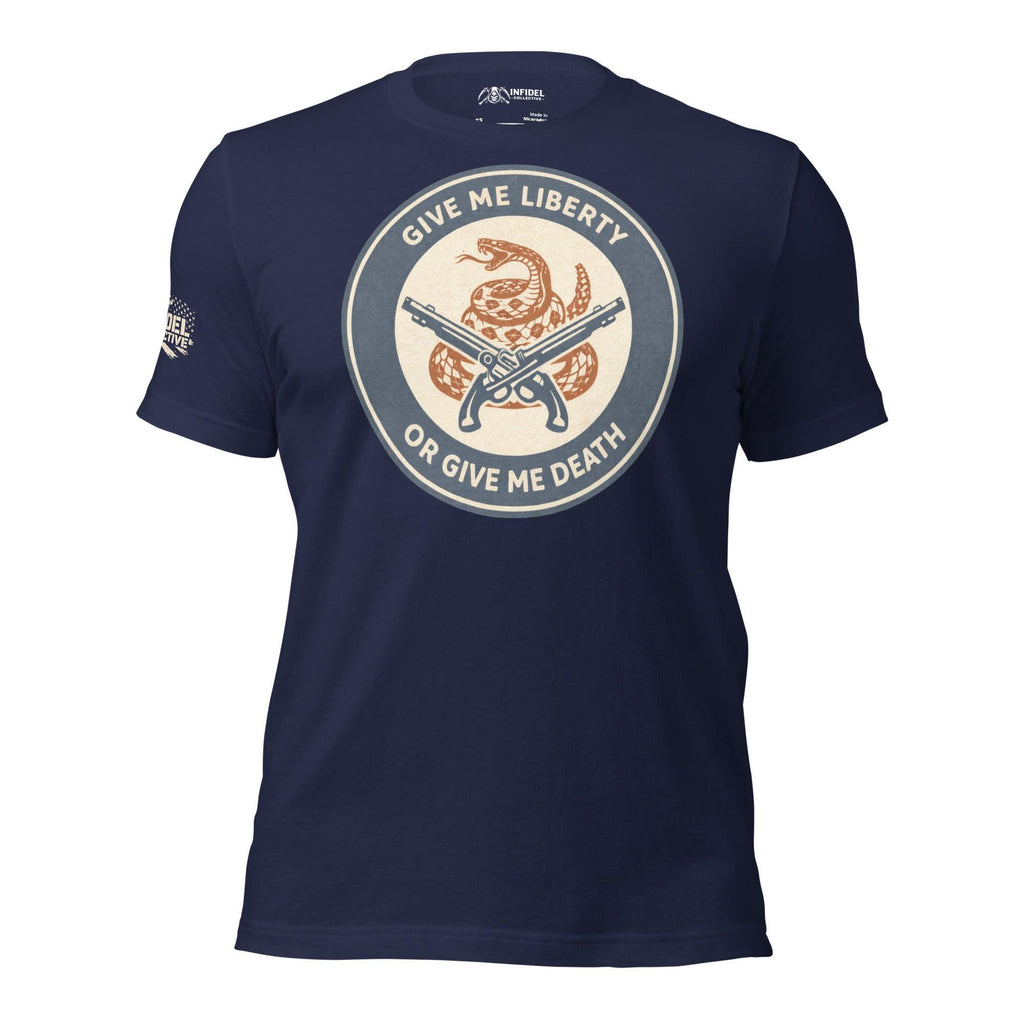 Vintage Gadsden Liberty or Death graphic blue tee from Infidel Collective