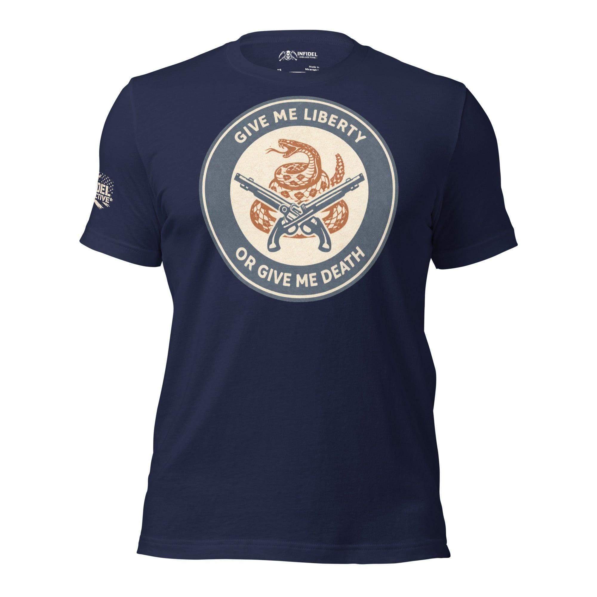 Vintage Gadsden Liberty or Death graphic blue tee from Infidel Collective