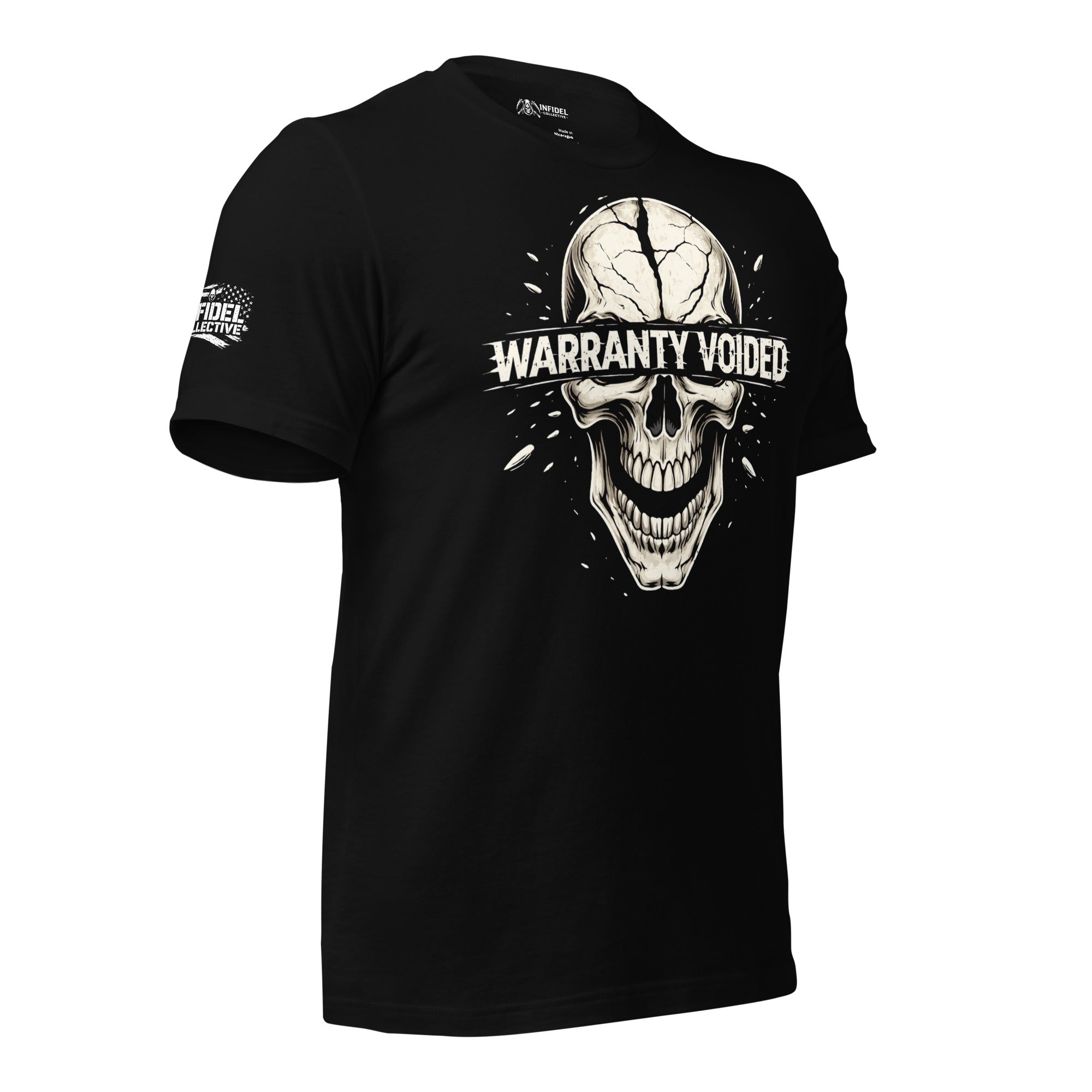 Black tee with Warranty Voided front print featuring a cracked skull graphic and distressed lettering across the eyes