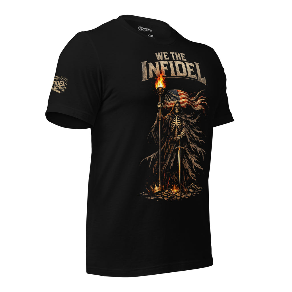 Black We the Infidel tee with front print featuring hooded skeletal figure holding torch and American flag above broken chains and crown