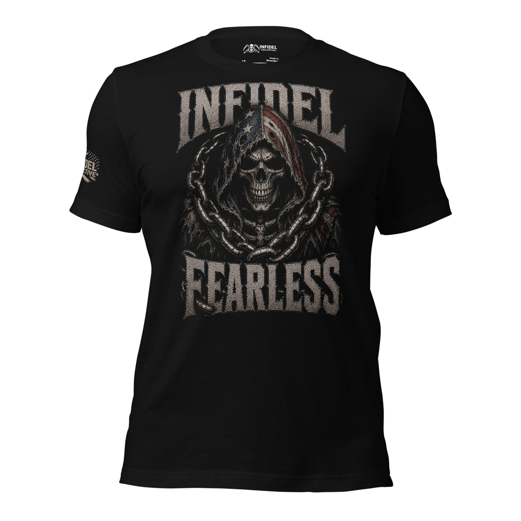 Black graphic t-shirt with front print featuring a grim reaper wrapped in oversized chains and INFIDEL FEARLESS text.