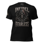 Black graphic t-shirt with front print featuring a grim reaper wrapped in oversized chains and INFIDEL FEARLESS text.