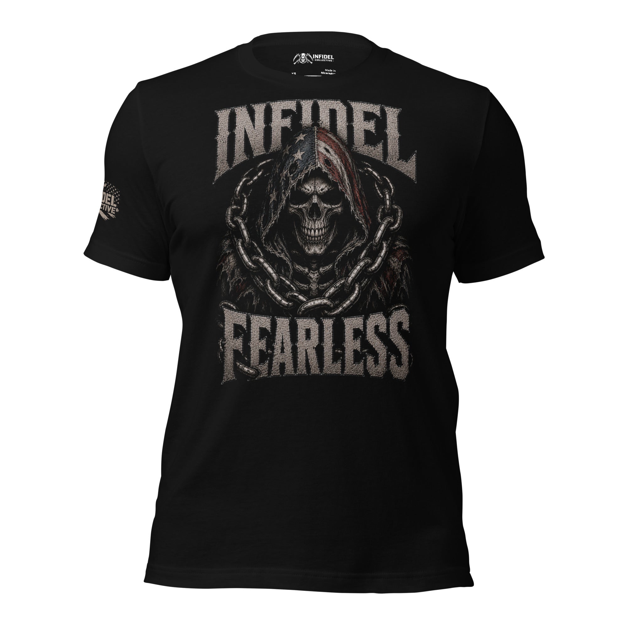 Black graphic t-shirt with front print featuring a grim reaper wrapped in oversized chains and INFIDEL FEARLESS text.