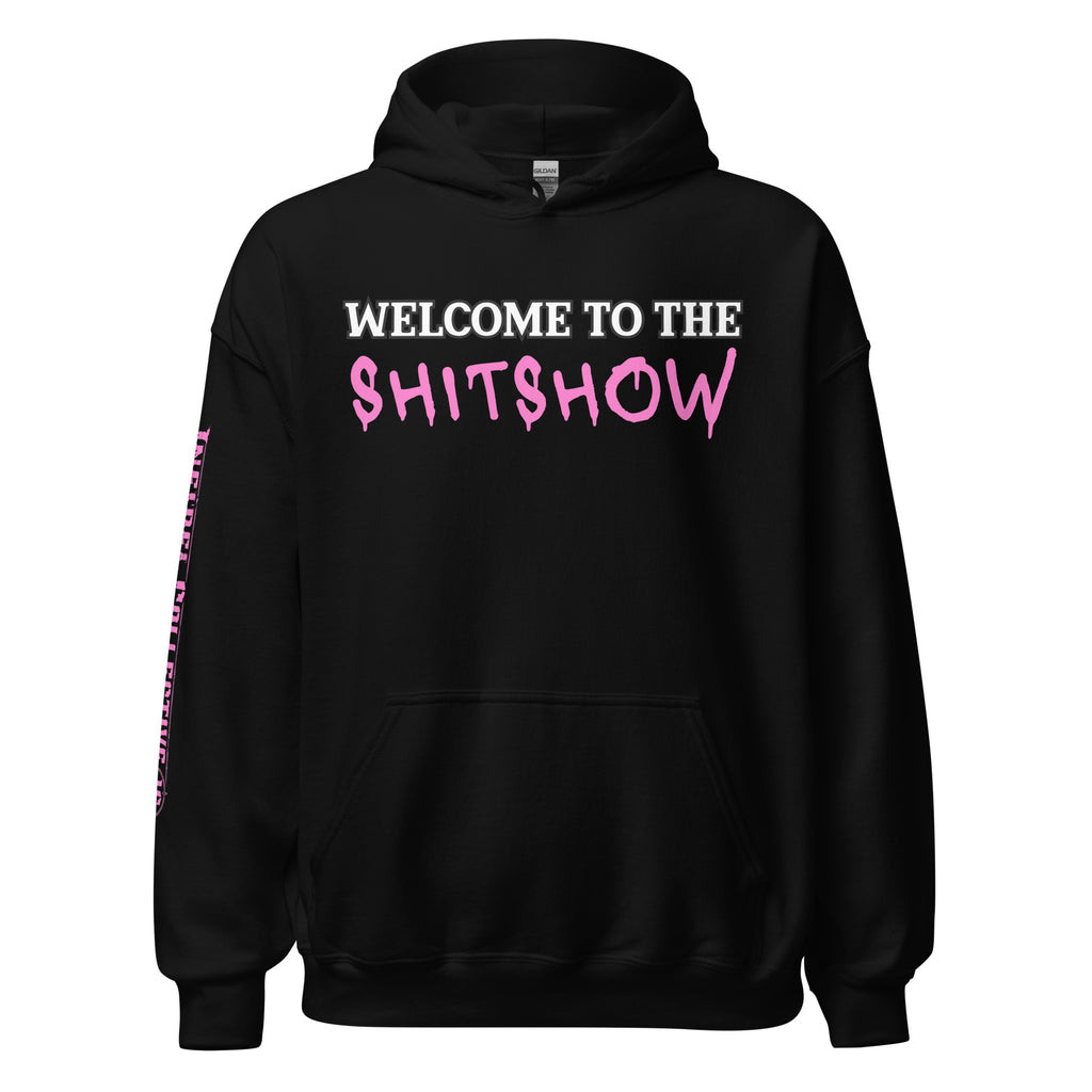 Black hoodie with 'Welcome to the Shitshow' text on a distressed white background