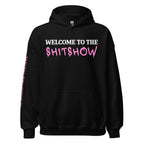 Black hoodie with 'Welcome to the Shitshow' text on a distressed white background
