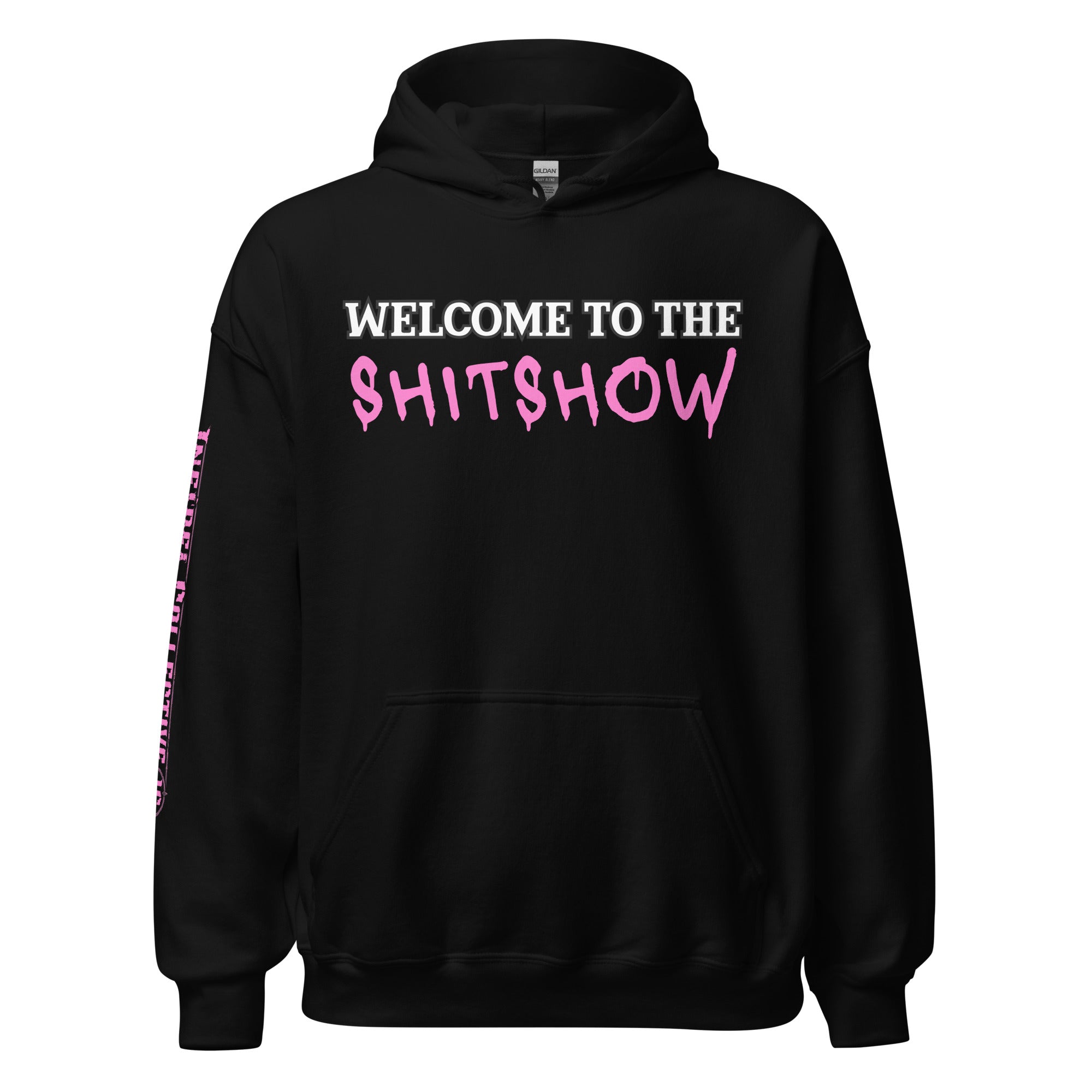 Black hoodie with 'Welcome to the Shitshow' text on a distressed white background