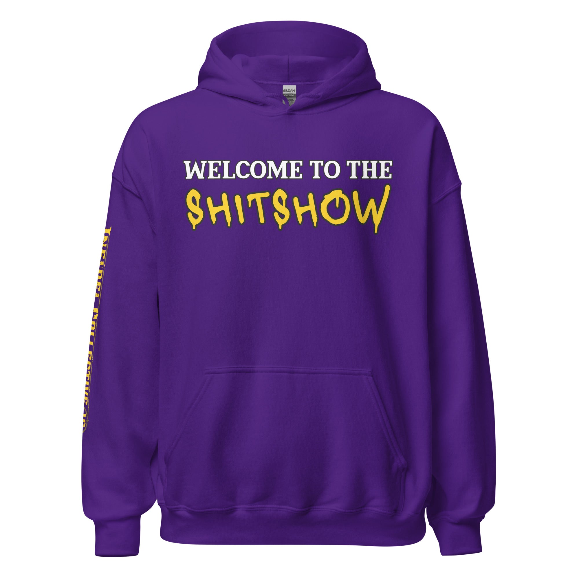 Purple hoodie with text 'WELCOME TO THE SHITSHOW' on a distressed American flag background