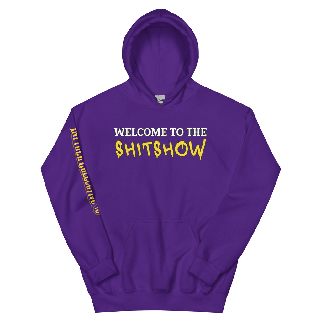 Purple hoodie with text 'WELCOME TO THE SHITSHOW' on a distressed American flag background