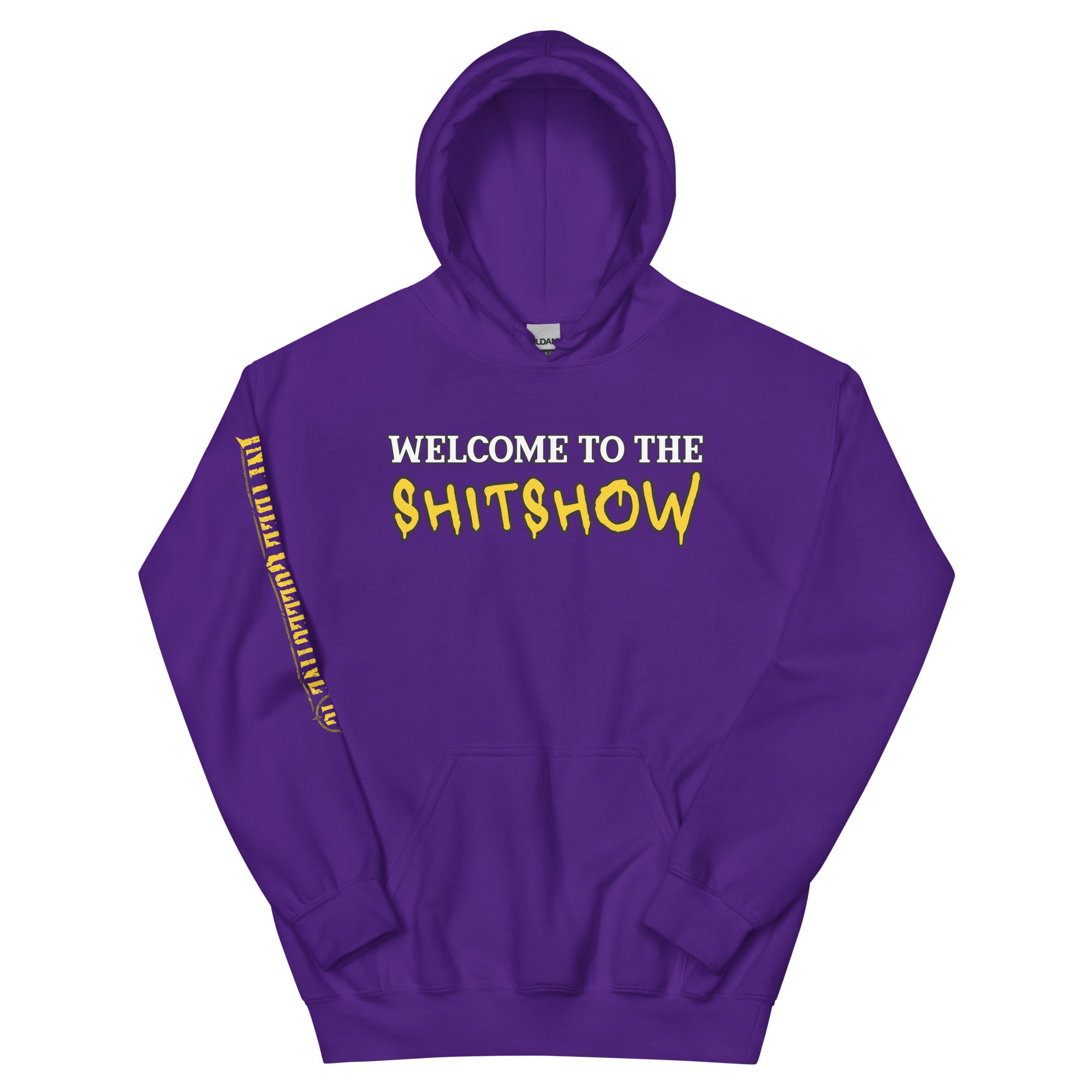 Purple hoodie with text 'WELCOME TO THE SHITSHOW' on a distressed American flag background