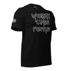 Black tee with Whiskey Tango Foxtrot front print in white graffiti-style lettering