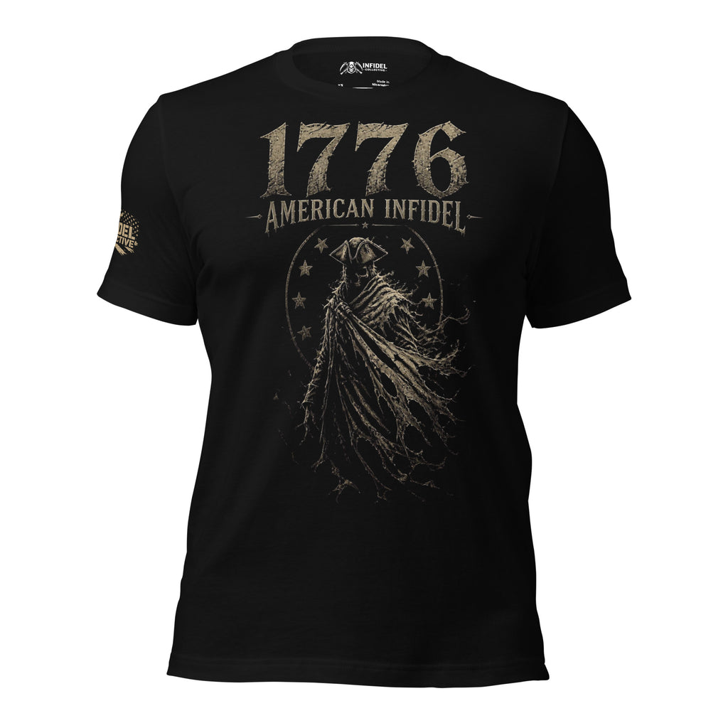 Black t-shirt featuring a ghostly colonial patriot beneath 1776 American Infidel text in a distressed vintage design