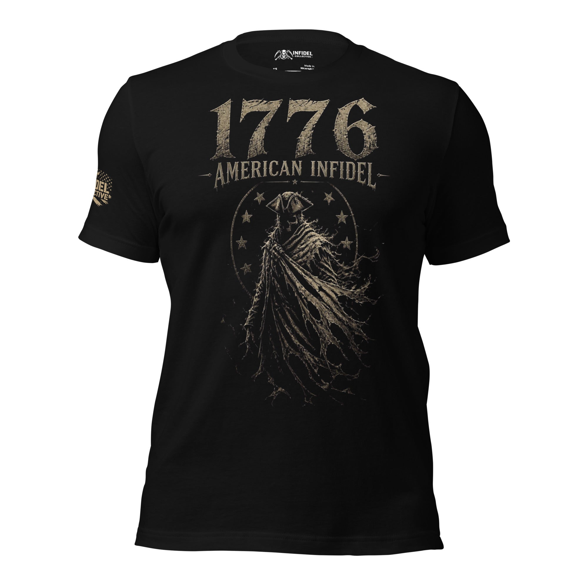Black t-shirt featuring a ghostly colonial patriot beneath 1776 American Infidel text in a distressed vintage design