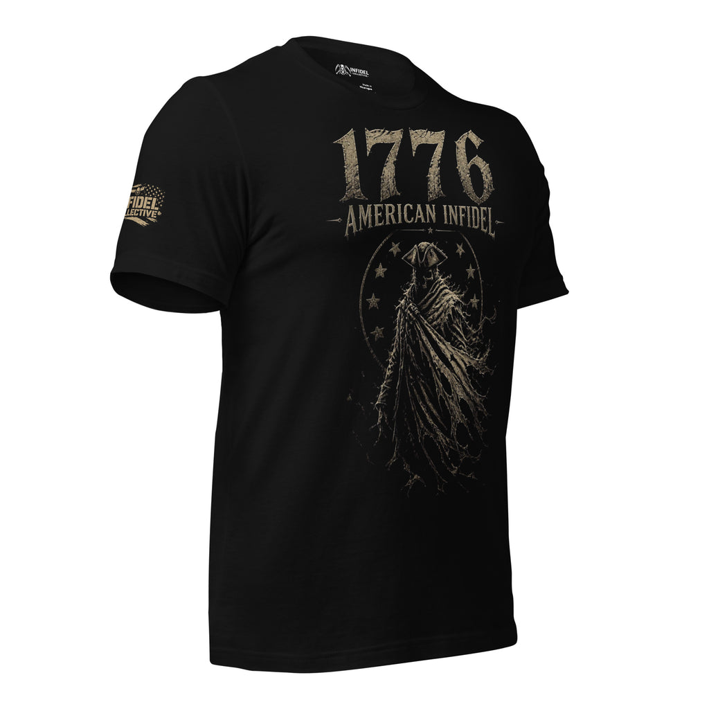 Black t-shirt featuring a ghostly colonial patriot beneath 1776 American Infidel text in a distressed vintage design