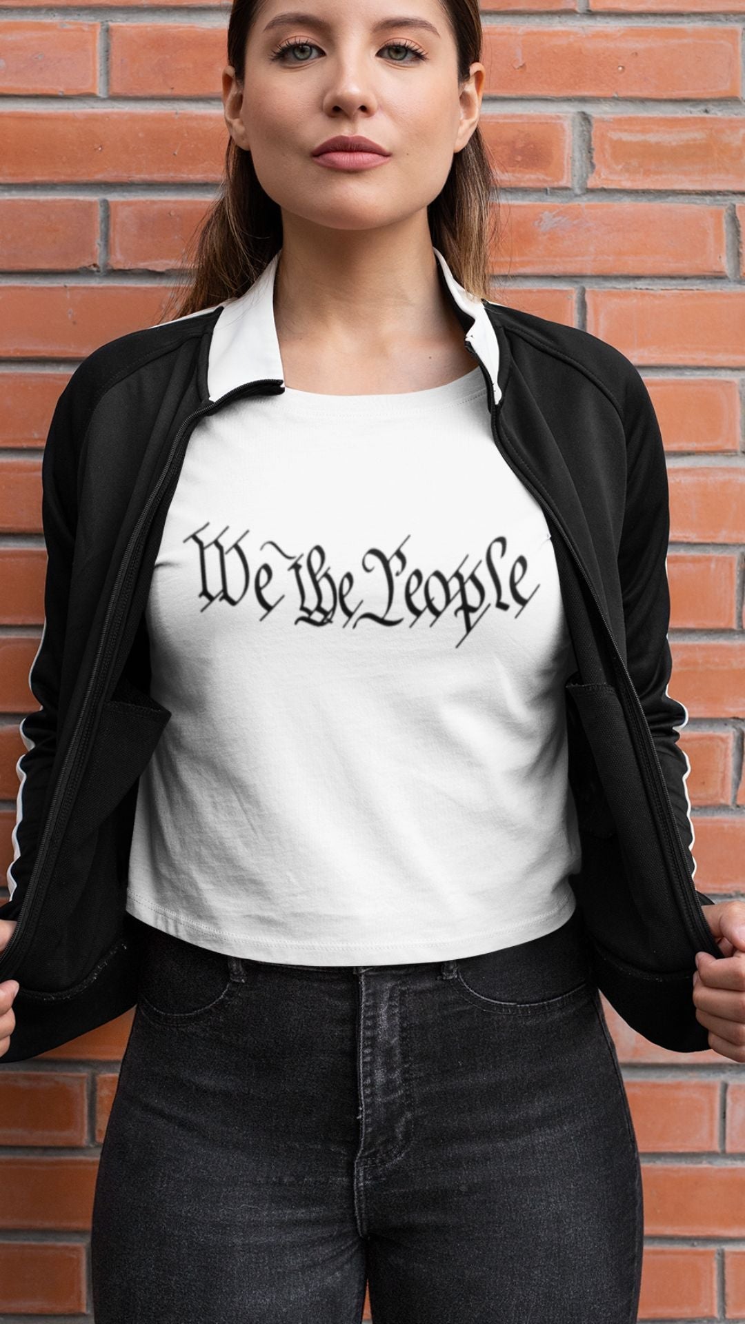 Crop Top  Patriotic Crop Top – We The People Script White Fourth of July Shirt Infidel Collective