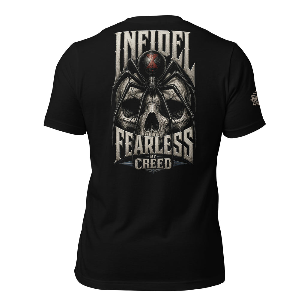 Black graphic t-shirt with back print featuring a black widow spider over a skull and INFIDEL FEARLESS CREED text.