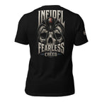 Black graphic t-shirt with back print featuring a black widow spider over a skull and INFIDEL FEARLESS CREED text.