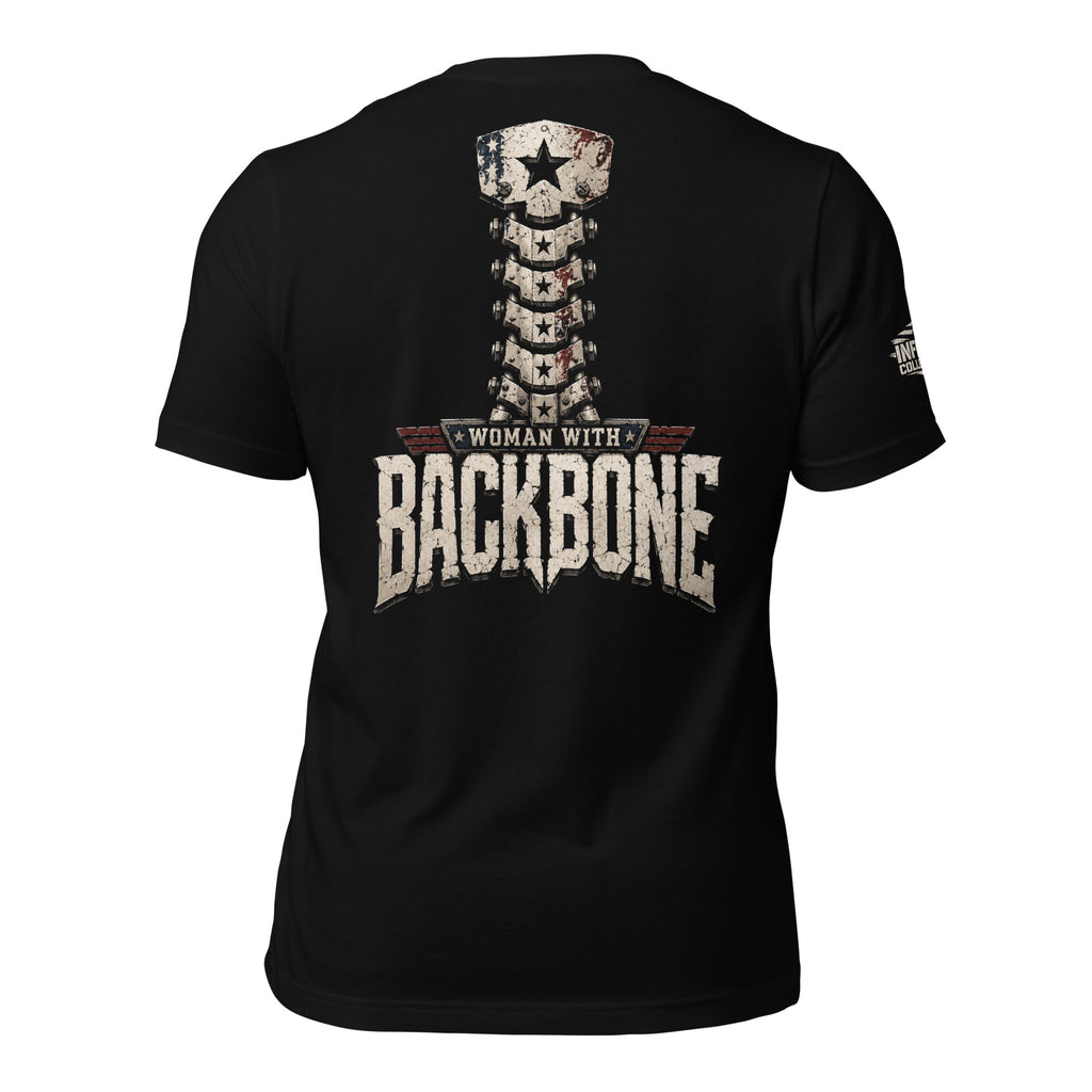 Woman With Backbone back print graphic on black tee featuring a patriotic spine design with stars and distressed lettering