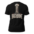 Woman With Backbone back print graphic on black tee featuring a patriotic spine design with stars and distressed lettering